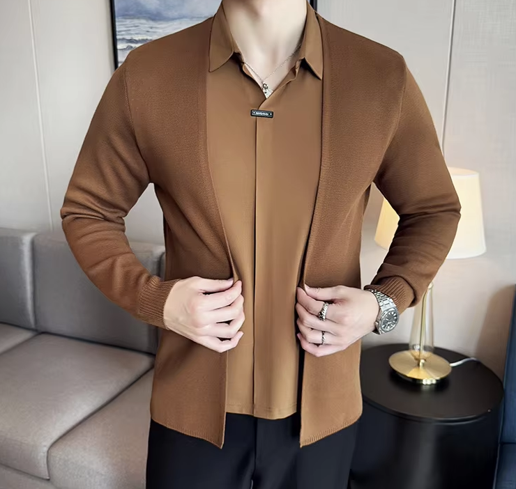 Men's Faux Two Piece Shirt Collar Knitted Cardigan